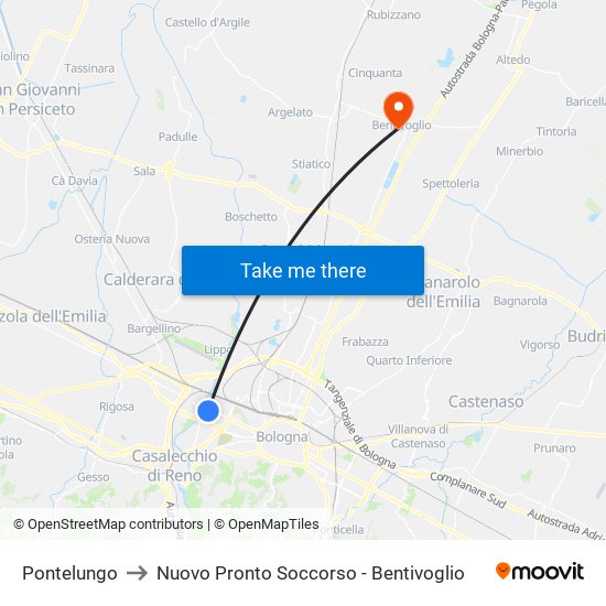 Pontelungo to Nuovo Pronto Soccorso - Bentivoglio map