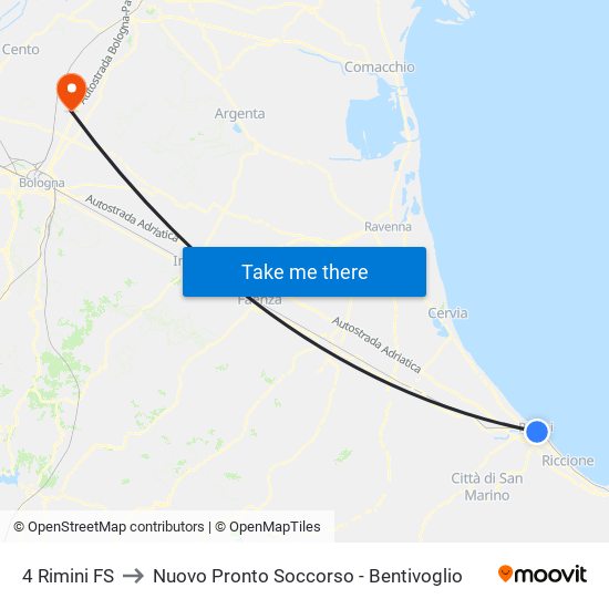 4 Rimini FS to Nuovo Pronto Soccorso - Bentivoglio map