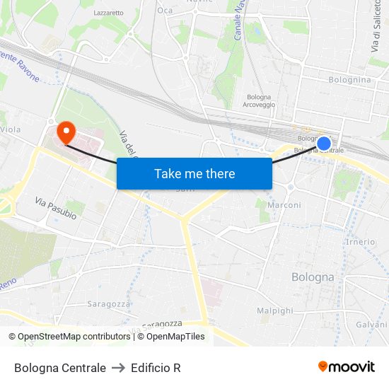 Bologna Centrale to Edificio R map