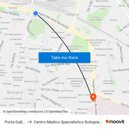 Porta Galliera to Centro Medico Specialistico Bolognese S.R.L. map