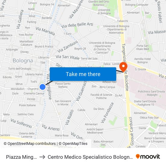 Piazza Minghetti to Centro Medico Specialistico Bolognese S.R.L. map