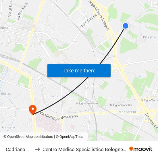 Cadriano Bivio to Centro Medico Specialistico Bolognese S.R.L. map