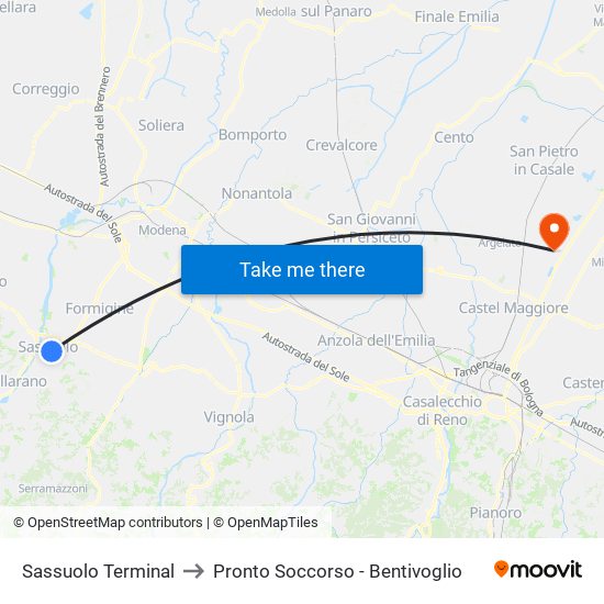 Sassuolo Terminal to Pronto Soccorso - Bentivoglio map