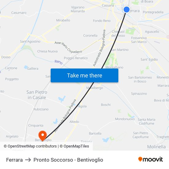 Ferrara to Pronto Soccorso - Bentivoglio map