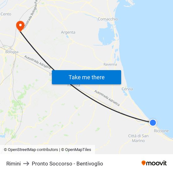Rimini to Pronto Soccorso - Bentivoglio map
