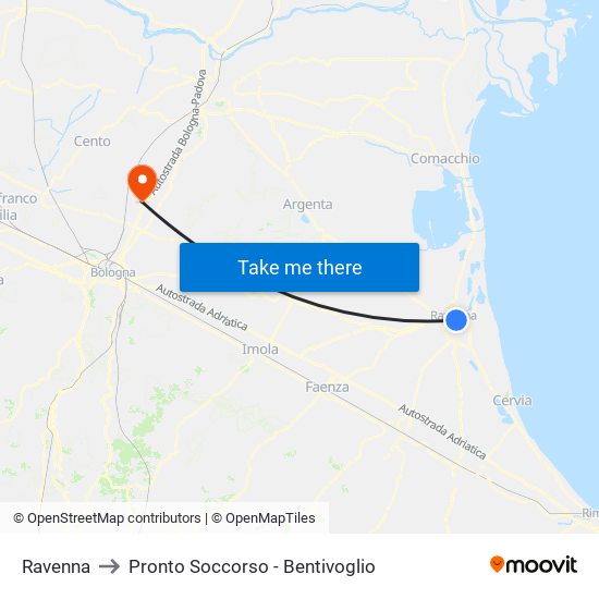 Ravenna to Pronto Soccorso - Bentivoglio map