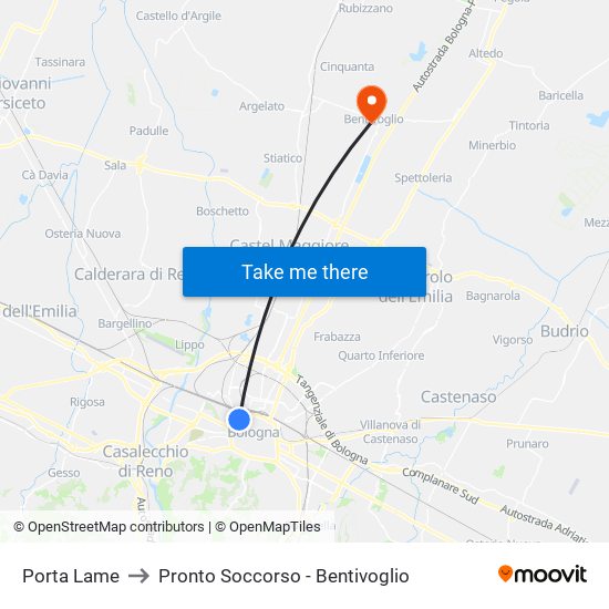 Porta Lame to Pronto Soccorso - Bentivoglio map