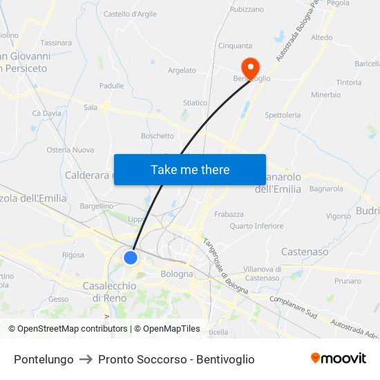 Pontelungo to Pronto Soccorso - Bentivoglio map