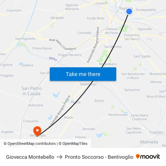 Giovecca Montebello to Pronto Soccorso - Bentivoglio map