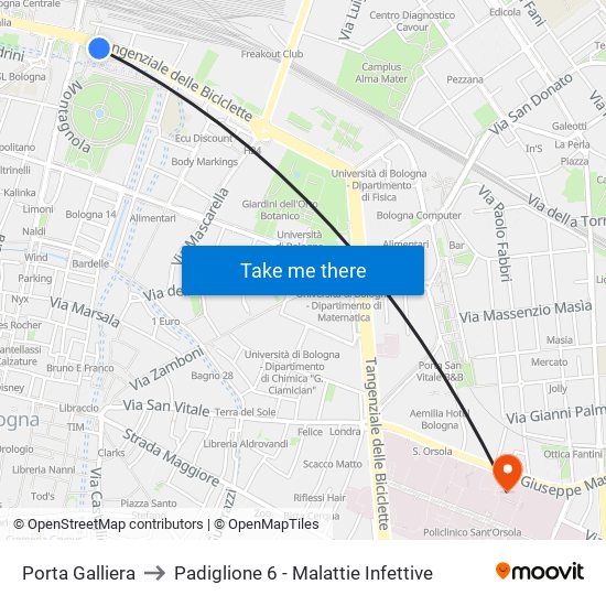 Porta Galliera to Padiglione 6 - Malattie Infettive map