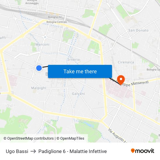 Ugo Bassi to Padiglione 6 - Malattie Infettive map
