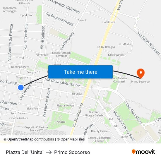 Piazza Dell`Unita` to Primo Soccorso map