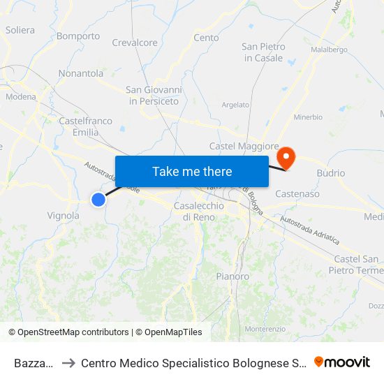 Bazzano to Centro Medico Specialistico Bolognese S.R.L map