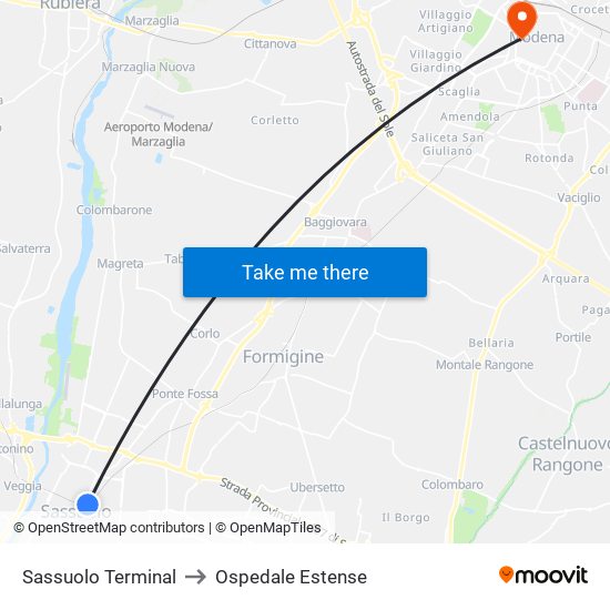 Sassuolo Terminal to Ospedale Estense map