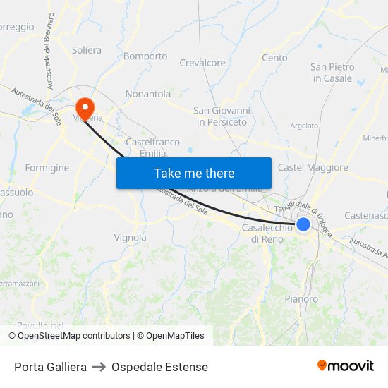 Porta Galliera to Ospedale Estense map