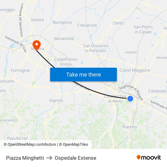 Piazza Minghetti to Ospedale Estense map