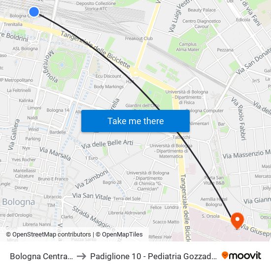 Bologna Centrale to Padiglione 10 - Pediatria Gozzadini map