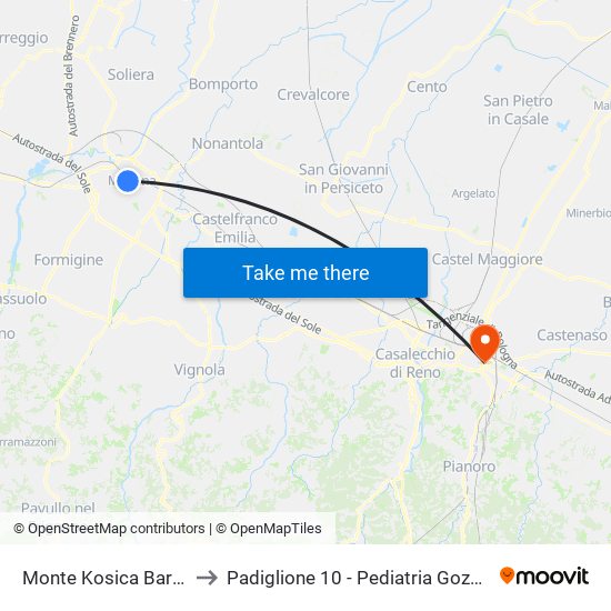 Monte Kosica Barozzi to Padiglione 10 - Pediatria Gozzadini map