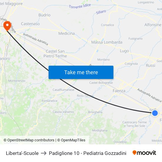 Liberta'-Scuole to Padiglione 10 - Pediatria Gozzadini map