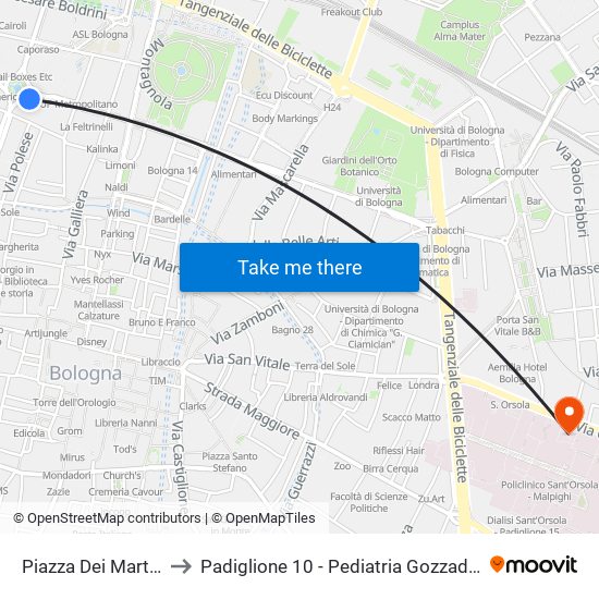 Piazza Dei Martiri to Padiglione 10 - Pediatria Gozzadini map