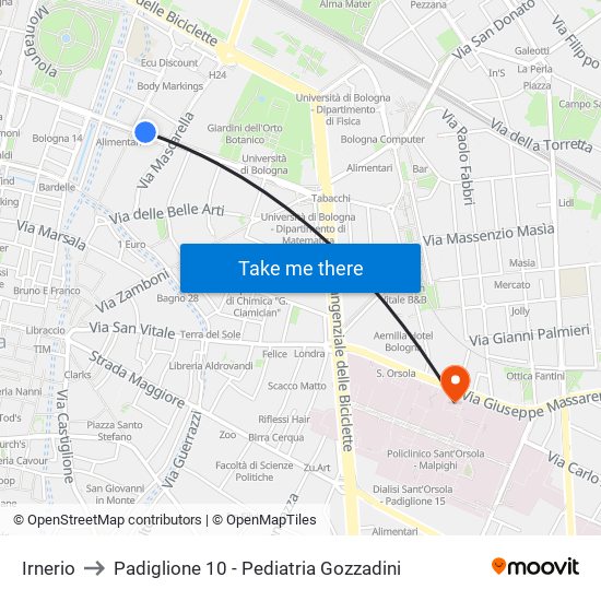 Irnerio to Padiglione 10 - Pediatria Gozzadini map