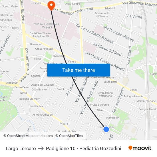 Largo Lercaro to Padiglione 10 - Pediatria Gozzadini map