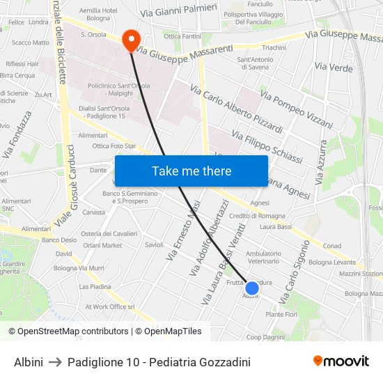 Albini to Padiglione 10 - Pediatria Gozzadini map