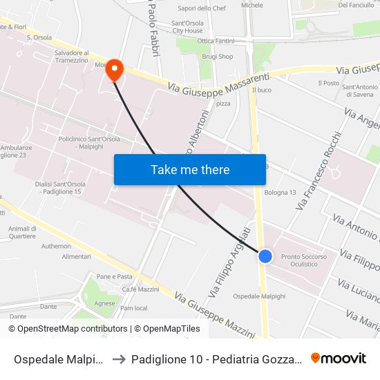 Ospedale Malpighi to Padiglione 10 - Pediatria Gozzadini map