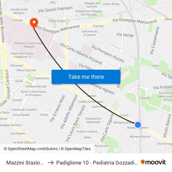 Mazzini Stazione to Padiglione 10 - Pediatria Gozzadini map