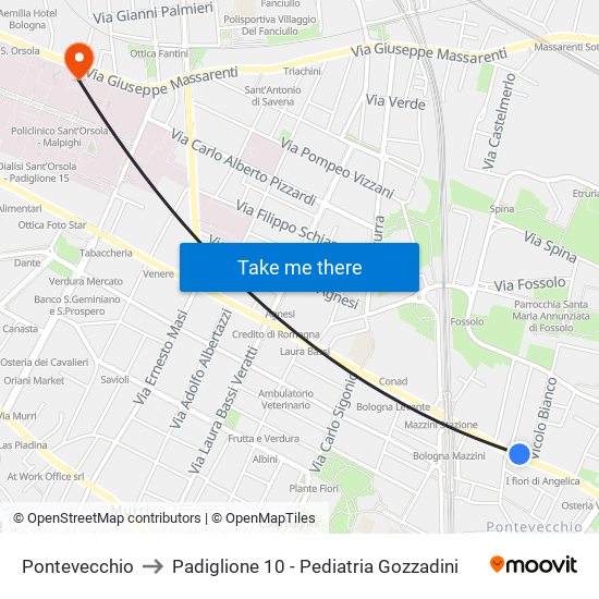 Pontevecchio to Padiglione 10 - Pediatria Gozzadini map