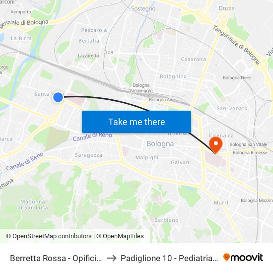 Berretta Rossa - Opificio Golinelli to Padiglione 10 - Pediatria Gozzadini map