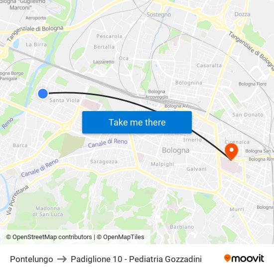 Pontelungo to Padiglione 10 - Pediatria Gozzadini map