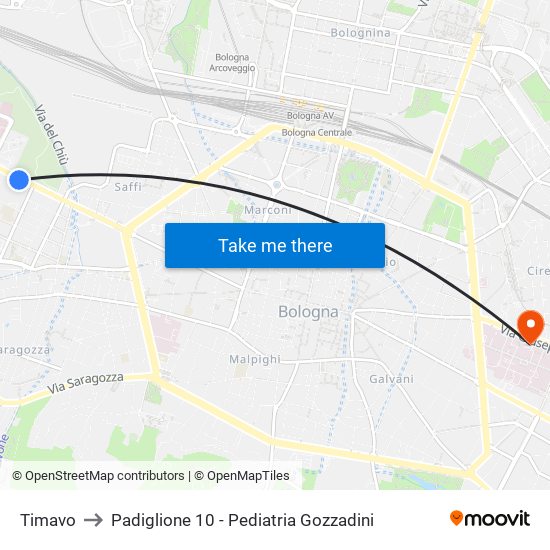 Timavo to Padiglione 10 - Pediatria Gozzadini map