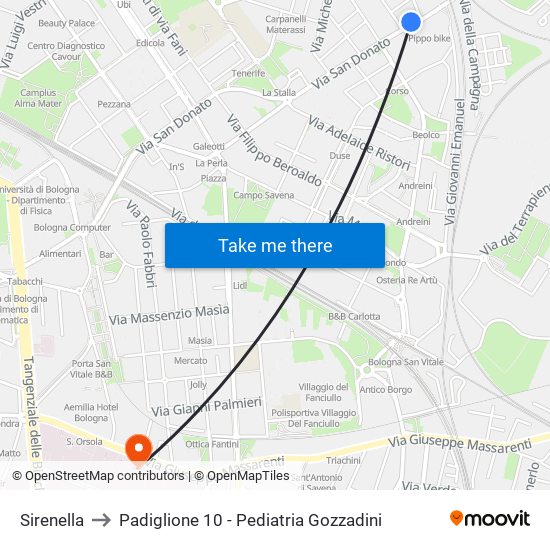 Sirenella to Padiglione 10 - Pediatria Gozzadini map