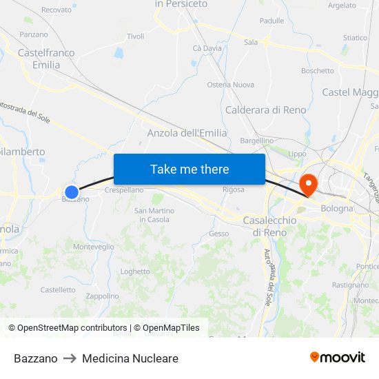 Bazzano to Medicina Nucleare map