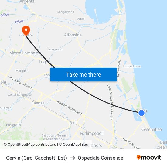 Cervia (Circ. Sacchetti Est) to Ospedale Conselice map