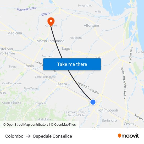 Colombo to Ospedale Conselice map