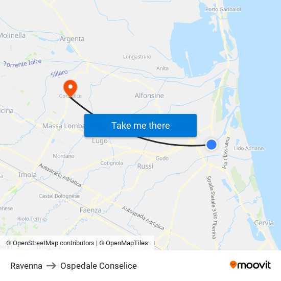 Ravenna to Ospedale Conselice map