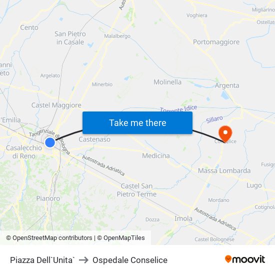 Piazza Dell`Unita` to Ospedale Conselice map