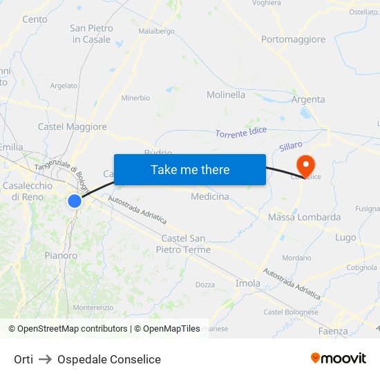 Orti to Ospedale Conselice map