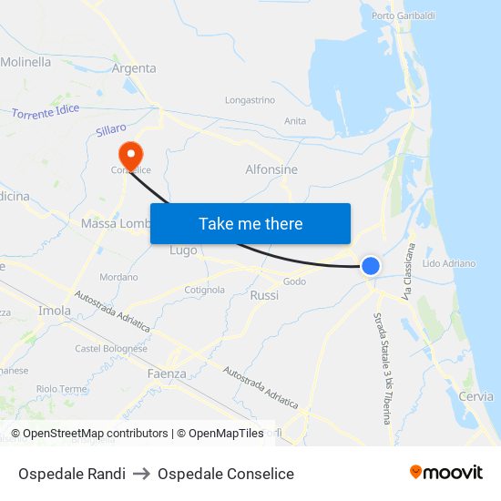 Ospedale Randi to Ospedale Conselice map