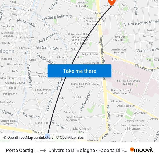 Porta Castiglione to Università Di Bologna - Facoltà Di Farmacia map