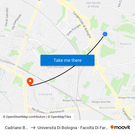 Cadriano Bivio to Università Di Bologna - Facoltà Di Farmacia map