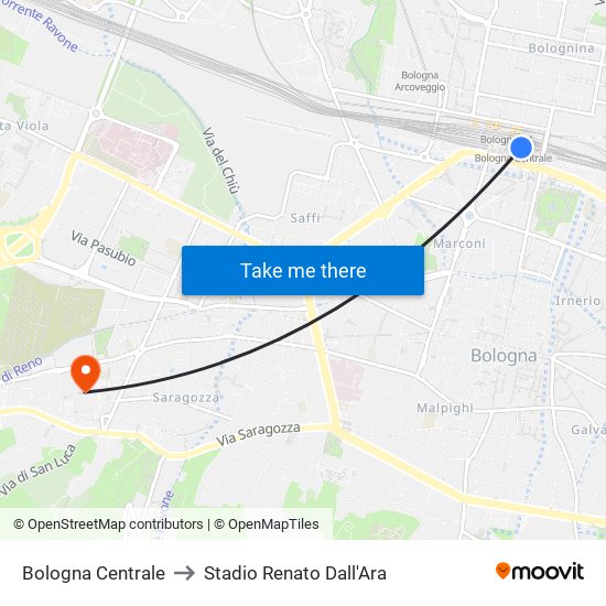 Bologna Centrale to Stadio Renato Dall'Ara map