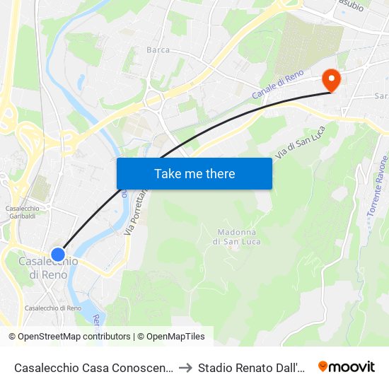 Casalecchio Casa Conoscenza to Stadio Renato Dall'Ara map