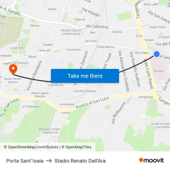 Porta Sant'Isaia to Renato Dall'Ara Stadium map