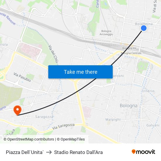 Piazza Dell`Unita` to Stadio Renato Dall'Ara map
