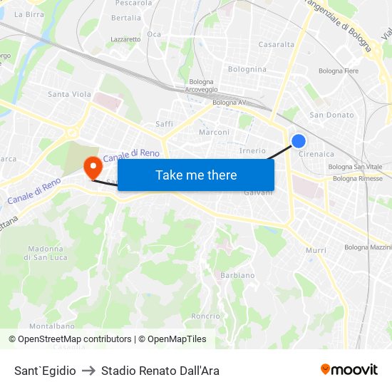 Sant`Egidio to Stadio Renato Dall'Ara map