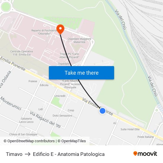 Timavo to Edificio E - Anatomia Patologica map