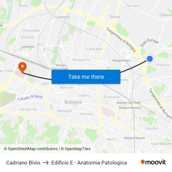 Cadriano Bivio to Edificio E - Anatomia Patologica map